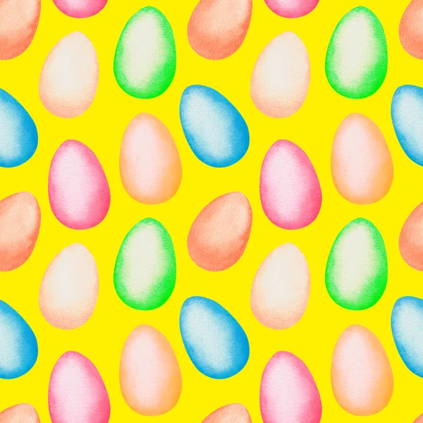 부활절 달걀의 물갈퀴없는 패턴. 수채 색 빈티지 삽화. 노란 배경에 고립됨. — 스톡 사진