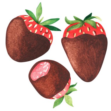 Çikolata kaplı çilekler. Suluboya çizimi. Beyaz bir arka planda izole edilmiş. Tasarım için.