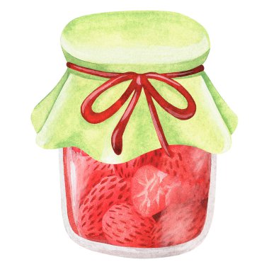Çilek reçeli. Suluboya çizimi. Beyaz bir arka planda izole edilmiş. Tasarımın için..