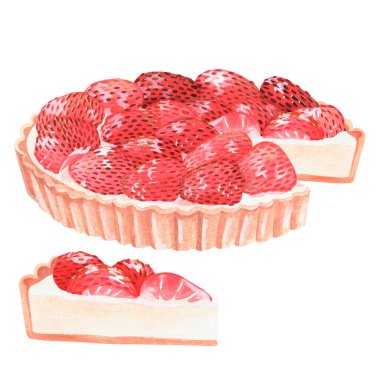 Dilimlenmiş çilekli turta. Suluboya çizimi. Beyaz bir arkaplanda izole edilmiş.