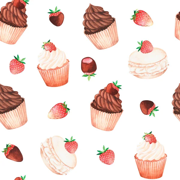 Seamless pattern of chocolate cupcakes. Watercolor illustration. Isolated on a white background — Foto Stock