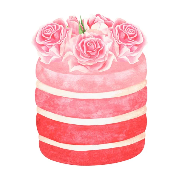 Pink wedding cake with roses. Watercolor vintage illustration. Isolated on a white background — Stockfoto