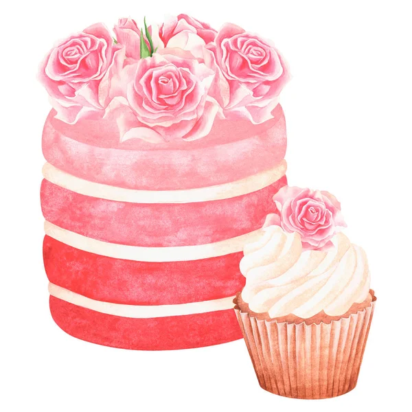 Pink wedding cake with roses and cupcake. Watercolor illustration. Isolated on a white background — Stockfoto