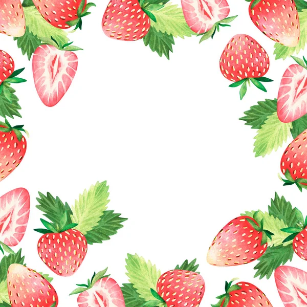 Çilek çerçevesi. Suluboya çizimi. Beyaz bir arka planda izole edilmiş. Tasarımın için..