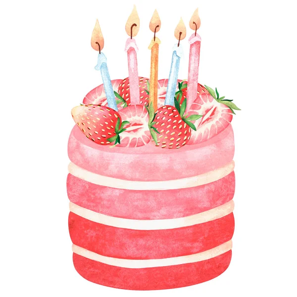 Strawberry birthday cake with candles.Watercolor vintage illustration.Isolated on a white background — Fotografia de Stock