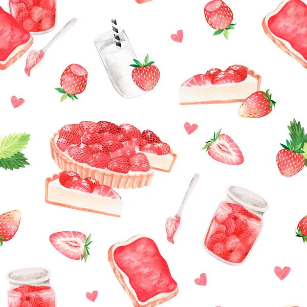 イチゴの甘いのシームレスなパターン。水彩ヴィンテージイラスト。白い背景に隔離 — ストック写真