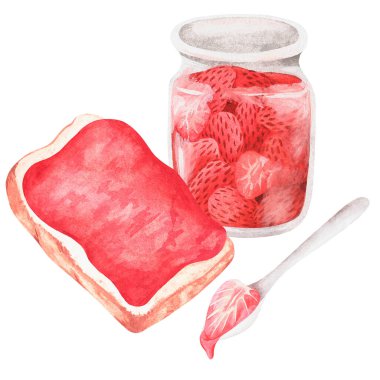 Çilek reçelli tost. Suluboya çizimi. Beyaz bir arka planda izole edilmiş. Tasarım için.