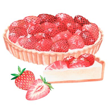 Dilimlenmiş çilekli turta. Suluboya çizimi. Beyaz bir arkaplanda izole edilmiş.