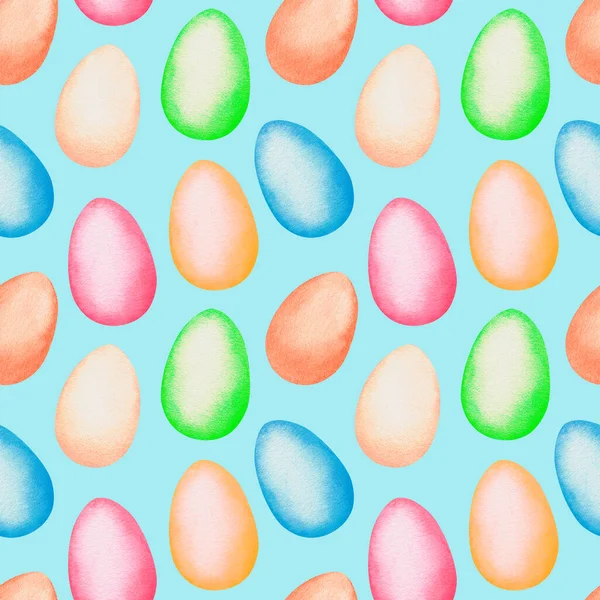 Easter eggs seamless pattern. Watercolor vintage illustration. Isolated on a blue background. — 스톡 사진