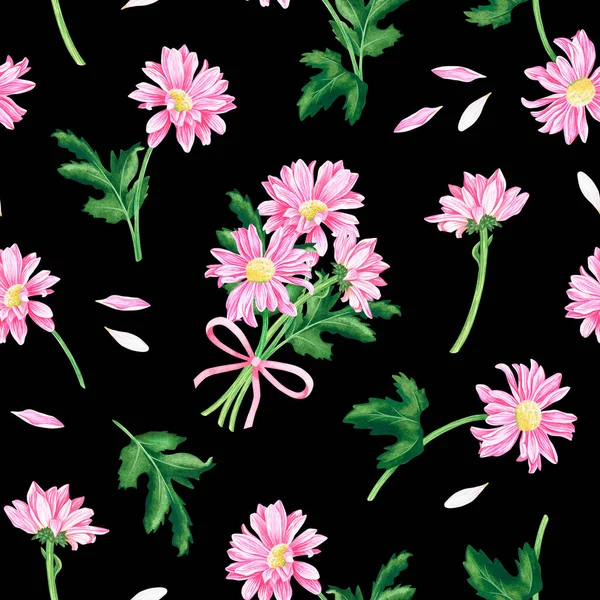 Kusursuz kasımpatı deseni. Suluboya vintage çizim. Siyah bir arkaplanda izole edilmiş.