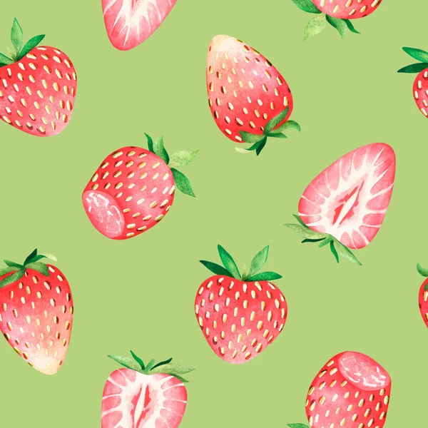 Seamless strawberry pattern. Watercolor illustration. Isolated on a greenbackground. For design. — ストック写真