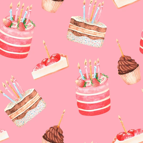 Kusursuz çilek şekeri deseni. Suluboya vintage illüstrasyon. Pembe arka planda izole edilmiş.