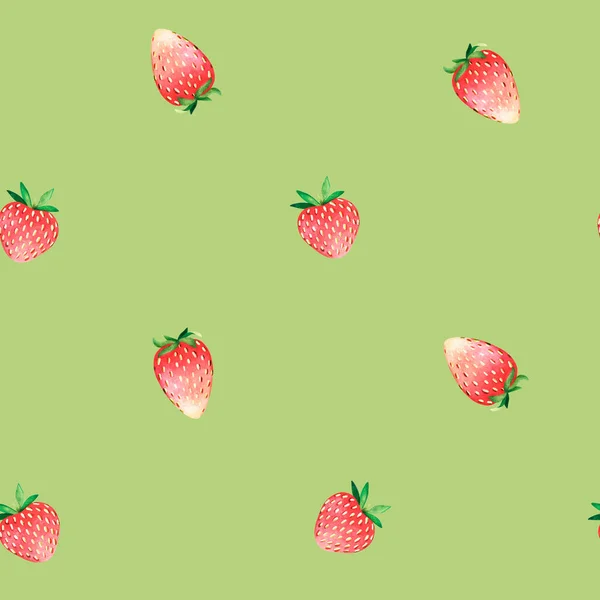 Seamless strawberry pattern. Watercolor illustration. Isolated on a green background. For design. — ストック写真