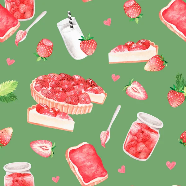 Seamless pattern of strawberry sweets.Watercolor vintage illustration.Isolated on a green background — Stockfoto