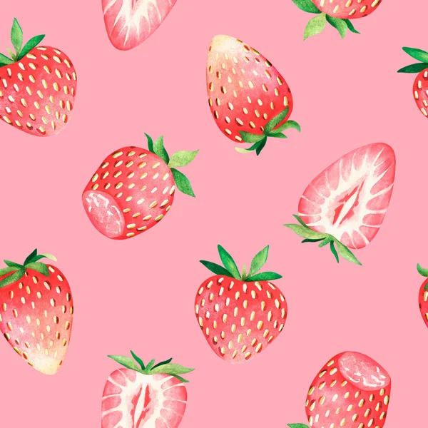 Seamless strawberry pattern. Watercolor illustration. Isolated on a pink background. For design. — ストック写真