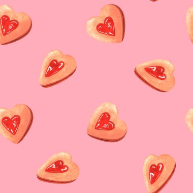 Kusursuz desenli kalp şeklinde reçel kurabiyeler. Suluboya çizimi. Pembe arka planda izole edilmiş..