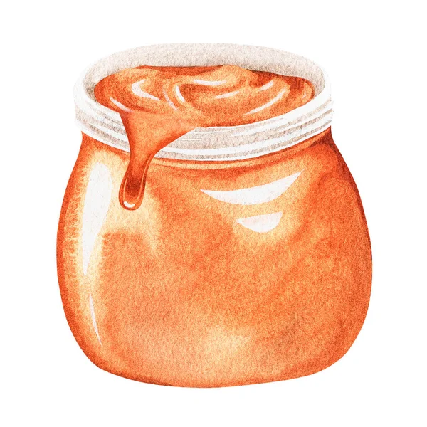 A jar of caramel. A pot of honey. Watercolor illustration. Isolated on a white background. — Stockfoto