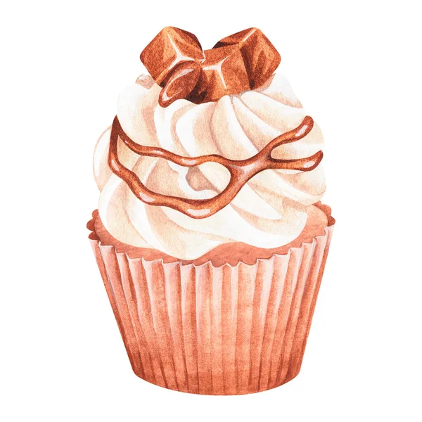 Cupcake with caramel topping. Watercolor illustration. Isolated on a white background. For design. — Stockfoto