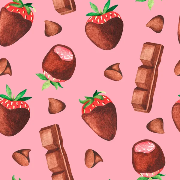 Erdbeeren mit Schokolade überzogen. Aquarell-Illustration. Vereinzelt auf rosa Hintergrund. Für die Gestaltung. — Stockfoto