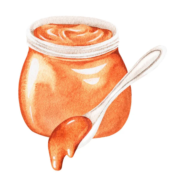 Egy üveg karamell egy kanállal. Egy kanna méz.Akvarell illusztráció. Fehér alapon elszigetelve — Stock Fotó