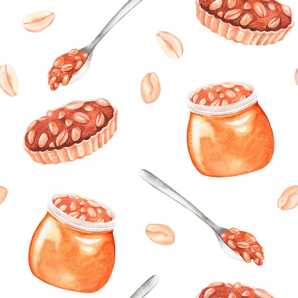 Peanut butter and pie. Seamless pattern. Watercolor illustration. Isolated on a white background — Foto Stock