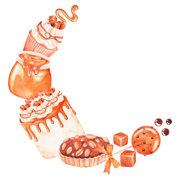 A semicircle, a wreath of caramel sweets. Watercolor illustration. Isolated on a white background. — Zdjęcie stockowe