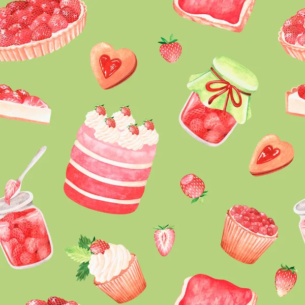 Seamless pattern of strawberry sweets.Watercolor vintage illustration.Isolated on a green background — Foto Stock