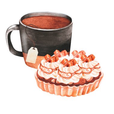 Tea and cake in caramel. Watercolor illustration. Isolated on a white background. For design