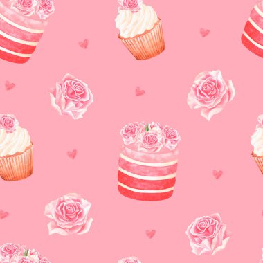 Seamless pattern of sweetness with a rose. Watercolor illustration. Isolated on a pink background
