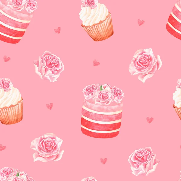 Seamless pattern of sweetness with a rose. Watercolor illustration. Isolated on a pink background — Photo
