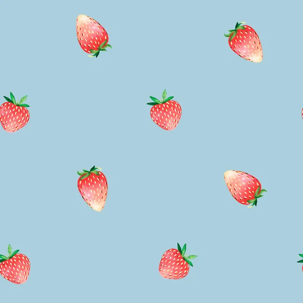 Seamless strawberry pattern. Watercolor illustration. Isolated on a blue background. For design. — ストック写真
