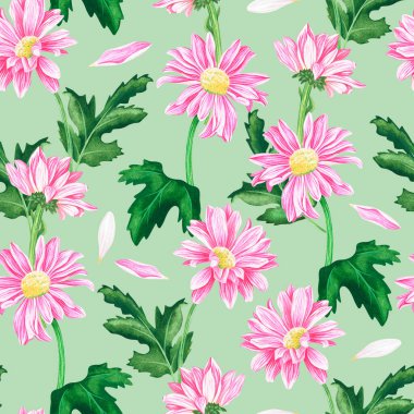 Kusursuz kasımpatı deseni. Suluboya vintage çizim. Yeşil bir arkaplanda izole edilmiş.