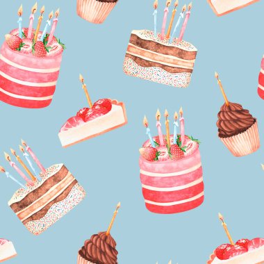 Seamless pattern of strawberry sweets.Watercolor vintage illustration.Isolated on a blue background