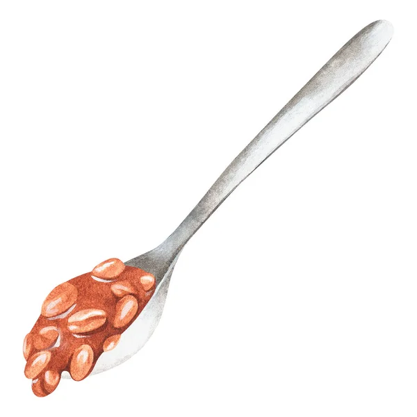 A spoon with caramel and peanuts. Watercolor illustration. Isolated on a white background.For design — Stok fotoğraf