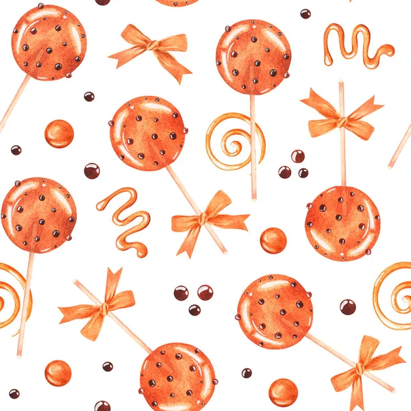 Honey lollipops. Caramel. Seamless pattern. Watercolor illustration. Isolated on a white background — Stok fotoğraf