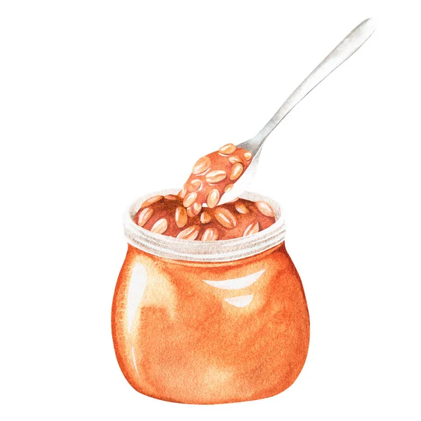 Jar of caramel and peanuts with a spoon.Watercolor illustration. Isolated on a white background — Stok fotoğraf