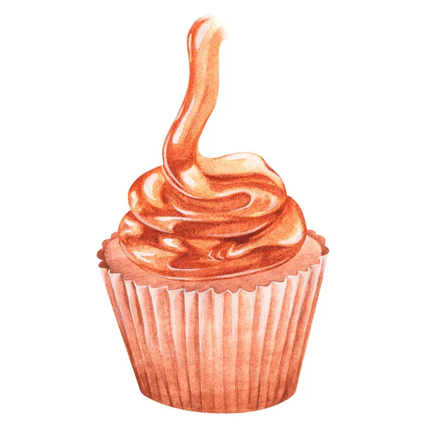 Cupcake con cobertura de caramelo. Ilustración en acuarela. Aislado sobre un fondo blanco. Para el diseño. — Foto de Stock