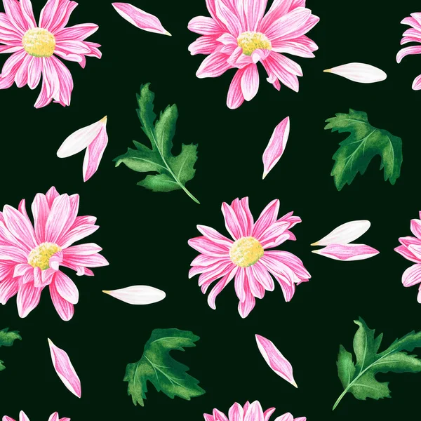 Бесшовный рисунок хризантем. Акварель винтажная иллюстрация. Изолированный на зеленом фоне. — стоковое фото