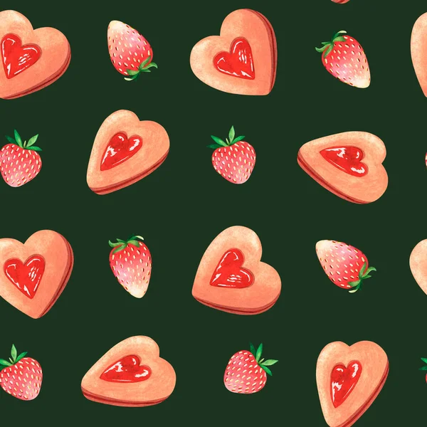 Seamless Pattern Heart-shaped jam cookies. Watercolor illustration. Isolated on a green background. — ストック写真