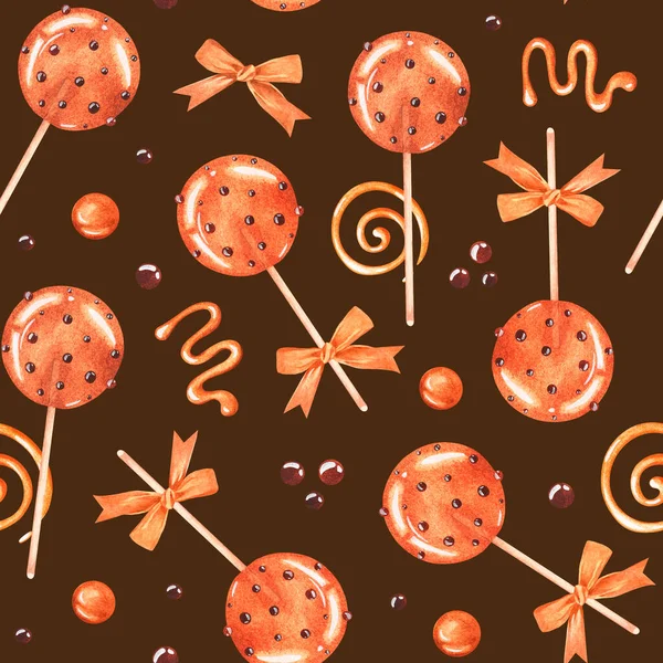 Honey lollipops. Caramel. Seamless pattern. Watercolor illustration. Isolated on a brown background — Stockfoto