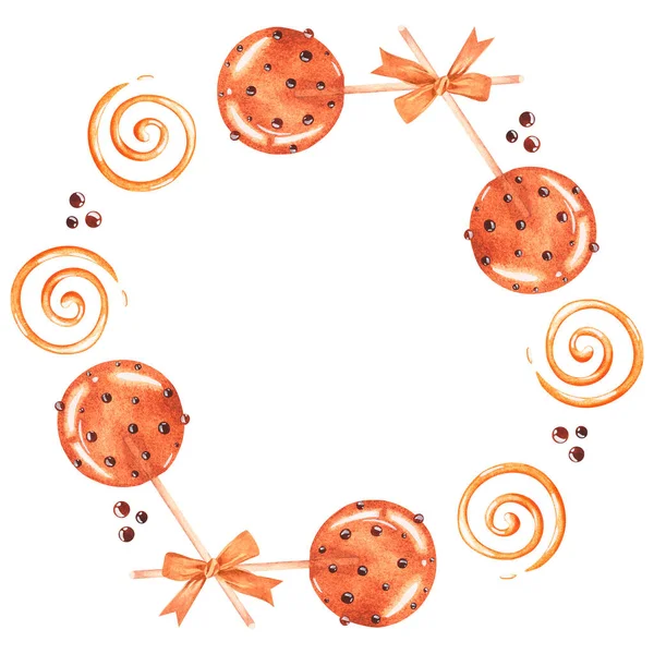A wreath of caramel sweets. Honey lollipops. Watercolor illustration. Isolated on a white background — Stok fotoğraf