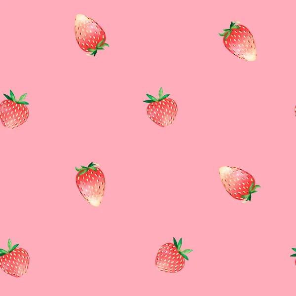 Nahtloses Erdbeermuster. Aquarell-Illustration. Vereinzelt auf rosa Hintergrund. Für die Gestaltung. — Stockfoto