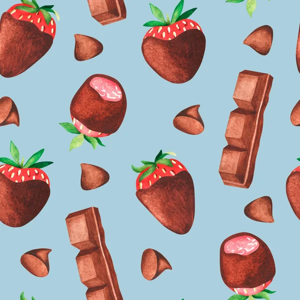 Chocolate-covered strawberries. Watercolor illustration. Isolated on a blue background. For design. — Stockfoto