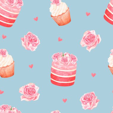 Seamless pattern of sweetness with a rose. Watercolor illustration. Isolated on a blue background