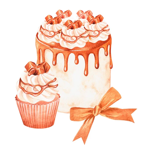 Cake, cupcake with caramel streaks. Watercolor illustration. Isolated on a white background. — Photo