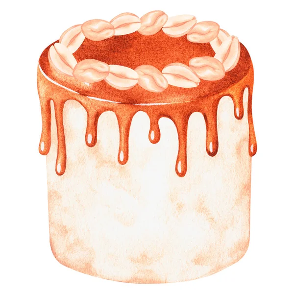 Cake with caramel streaks and peanuts. Watercolor illustration. Isolated on a white background. — Stok fotoğraf