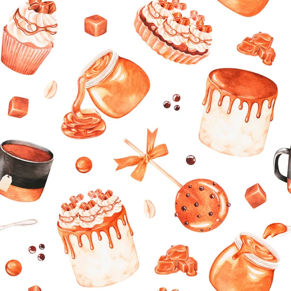 Caramel desserts. Sweets. Seamless pattern. Watercolor illustration. Isolated on a white background — Stok fotoğraf