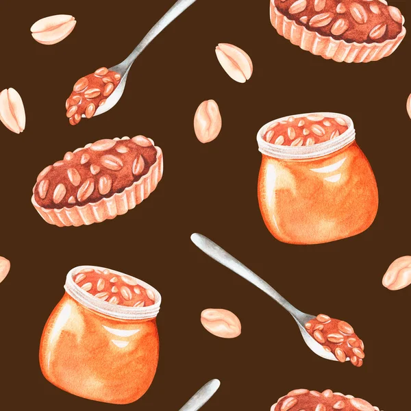 Peanut butter and pie. Seamless pattern. Watercolor illustration. Isolated on a brown background — Stok fotoğraf