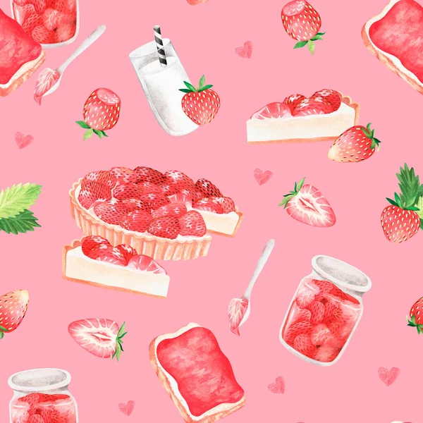 Seamless pattern of strawberry sweets.Watercolor vintage illustration.Isolated on a pink background — Stockfoto