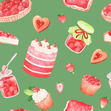 Kusursuz çilek şekeri deseni. Suluboya vintage illüstrasyon. Yeşil arka planda izole edilmiş.